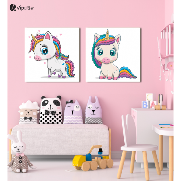Σύνθεση Με Πίνακες Καμβάδες 60x60 - 2 Τεμάχια - Little Cute Unicorn