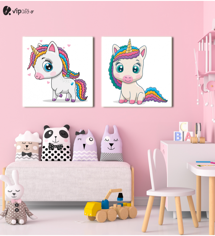 Σύνθεση Με Πίνακες Καμβάδες 60x60 - 2 Τεμάχια - Little Cute Unicorn