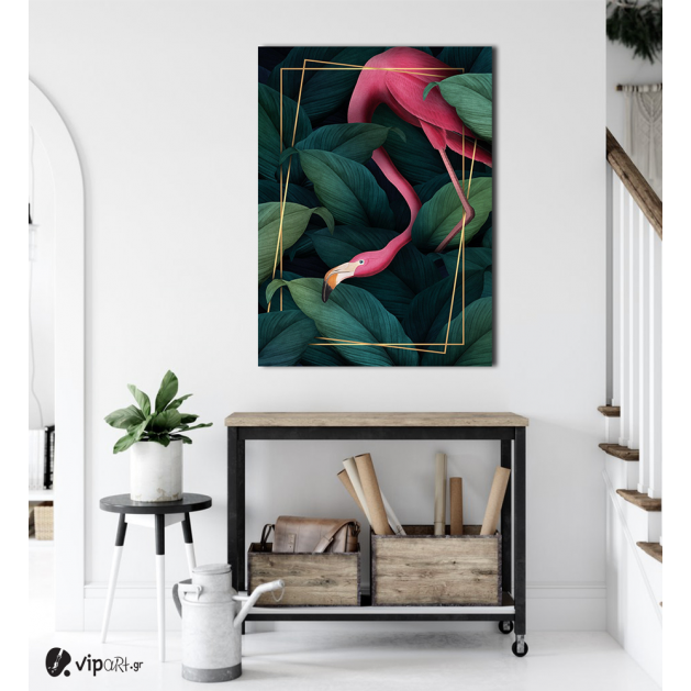 Πίνακας Καμβάς Pink flamingo- Gold frame