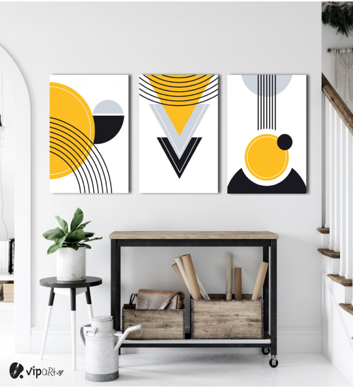 Σύνθεση Με Πίνακες Καμβάδες 60x40 - 3 Τεμάχια - Black & Yellow Art