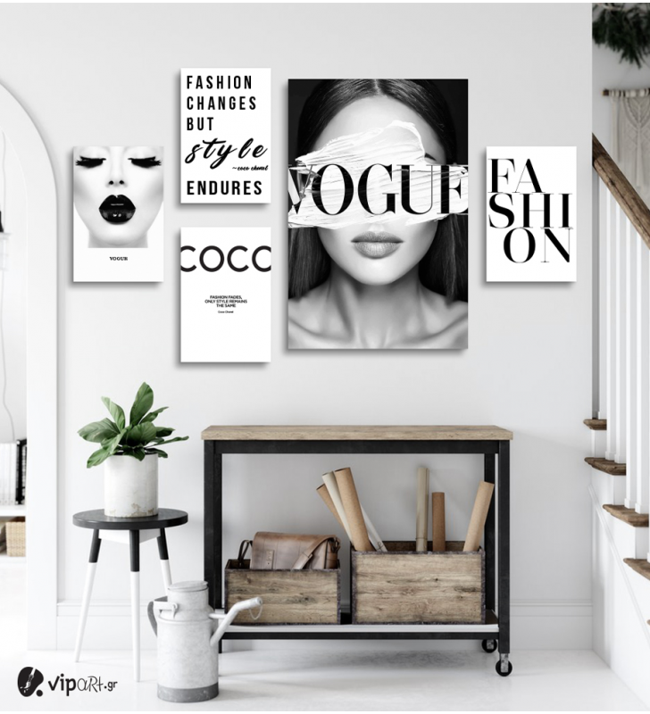 Σύνθεση με πίνακες Καμβάδες Fashion Chanel Vogue Canvas - 4 Τεμάχια 30x20  & 1 Tεμάχιο 60x40