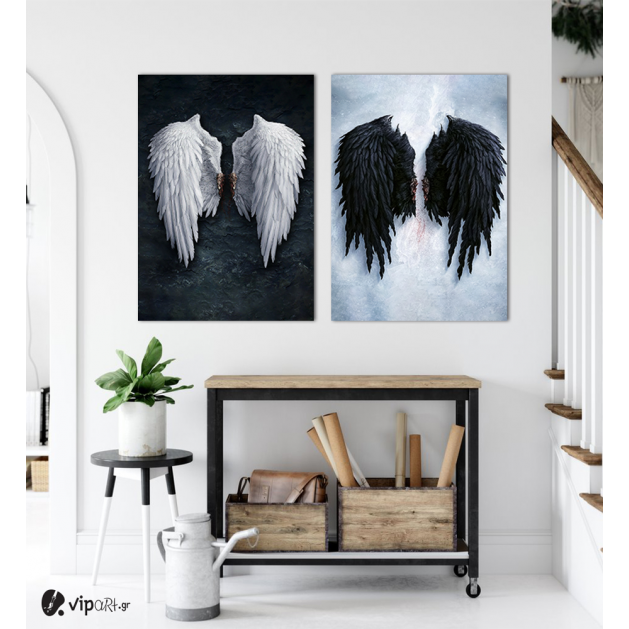 Σύνθεση με πίνακες Καμβάδες : Banksy Φτερά Αγγέλου Μαύρα Λευκά - 2 Τεμάχια 70x50