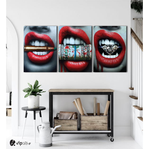 Σύνθεση Με Πίνακες Καμβάδες 70x50 - 3 Τεμάχια - Wild Lips