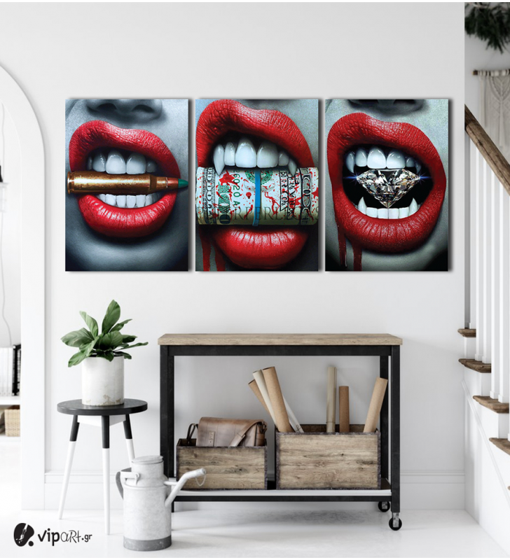 Σύνθεση Με Πίνακες Καμβάδες 70x50 - 3 Τεμάχια - Wild Lips