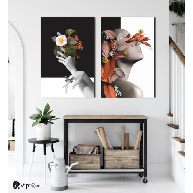 Σύνθεση με πίνακες Καμβάδες : Woman- Flower Black & White  - 2 Τεμάχια 70x 50