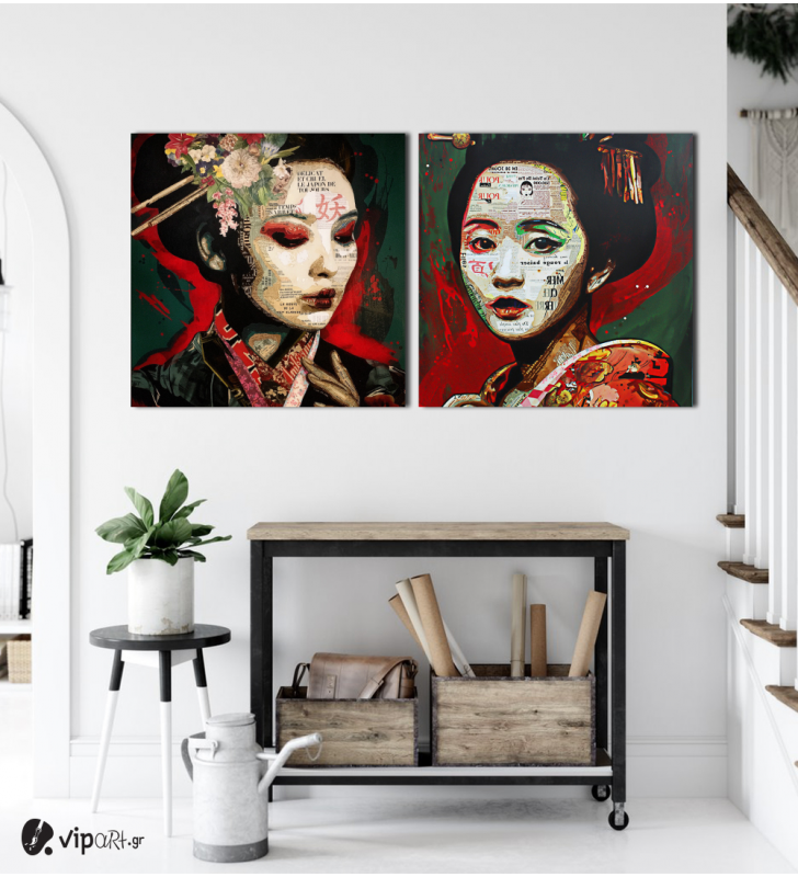 Σύνθεση Με Πίνακες Καμβάδες 60x60 - 2 Τεμάχια - Geisha Newspaper Collage