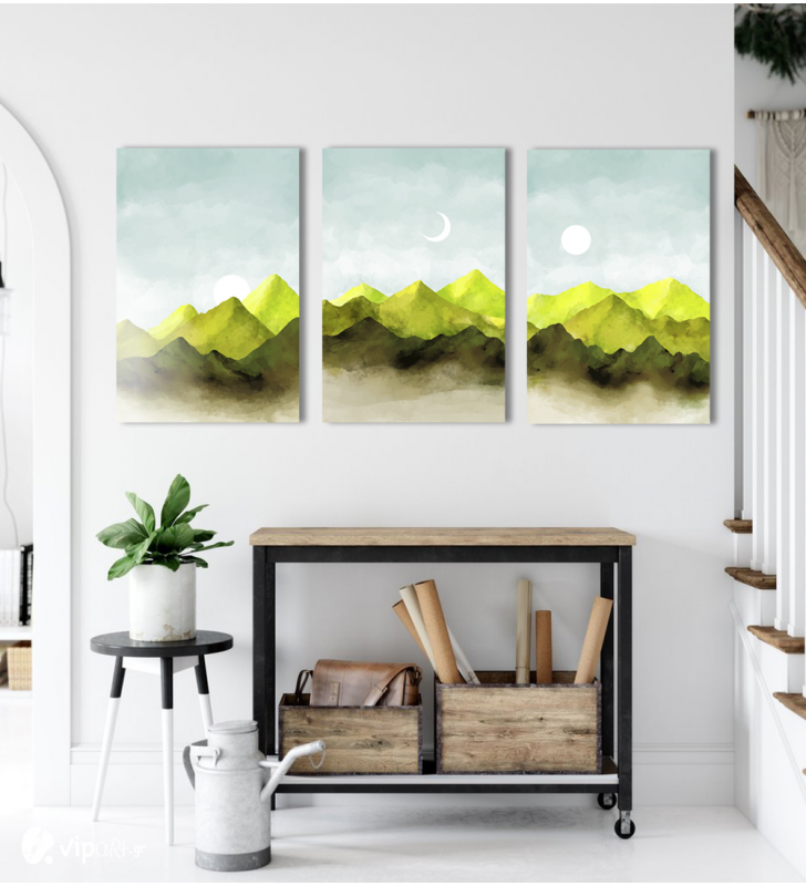 Σύνθεση Με Πίνακες Καμβάδες 60x40 - 3 Τεμάχια - Abstract Green Theme