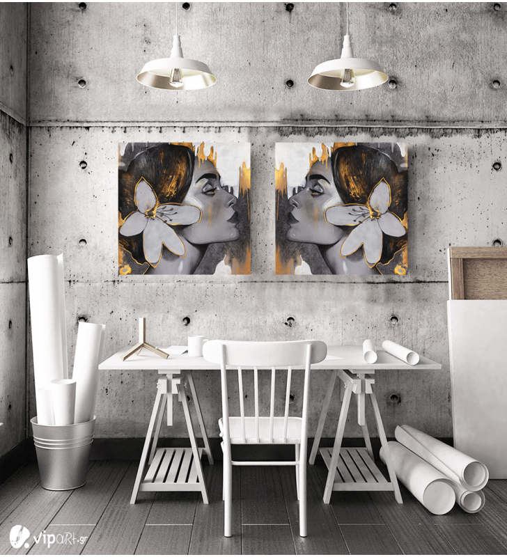 Σύνθεση Με Πίνακες Καμβάδες 60x60 - 2 Τεμάχια - Lady Gold Flowers