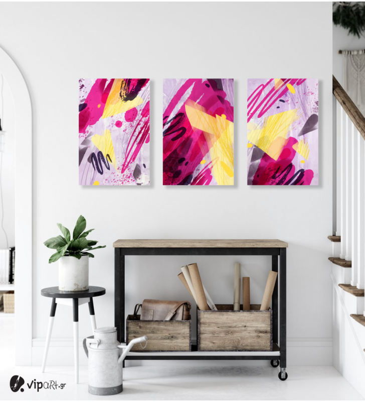 Σύνθεση Με Πίνακες Καμβάδες 60x40 - 3 Τεμάχια - Abstract Pink and Yellow Synthesis