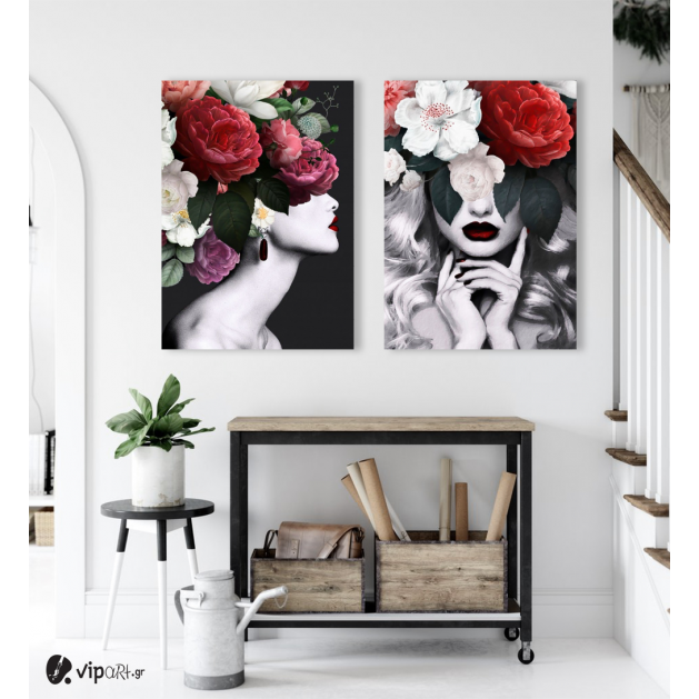 Σύνθεση με πίνακες Καμβάδες : Minimal creative with woman and flowers - 2 Τεμάχια 70x50