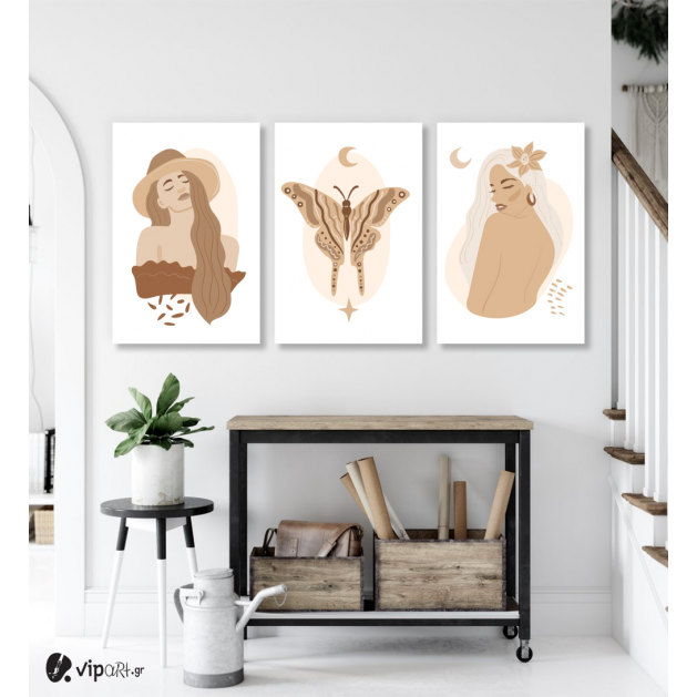 Σύνθεση Με Πίνακες Καμβάδες 60x40 - 3 Τεμάχια - Butterfly woman art