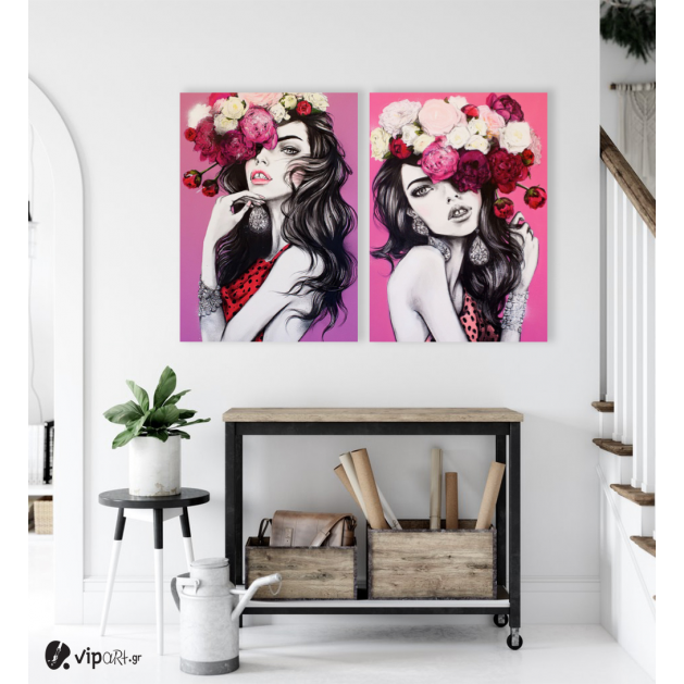 Σύνθεση με πίνακες Καμβάδες : Creative Pink Canvas with woman and flowers - 2 Τεμάχια 70x50