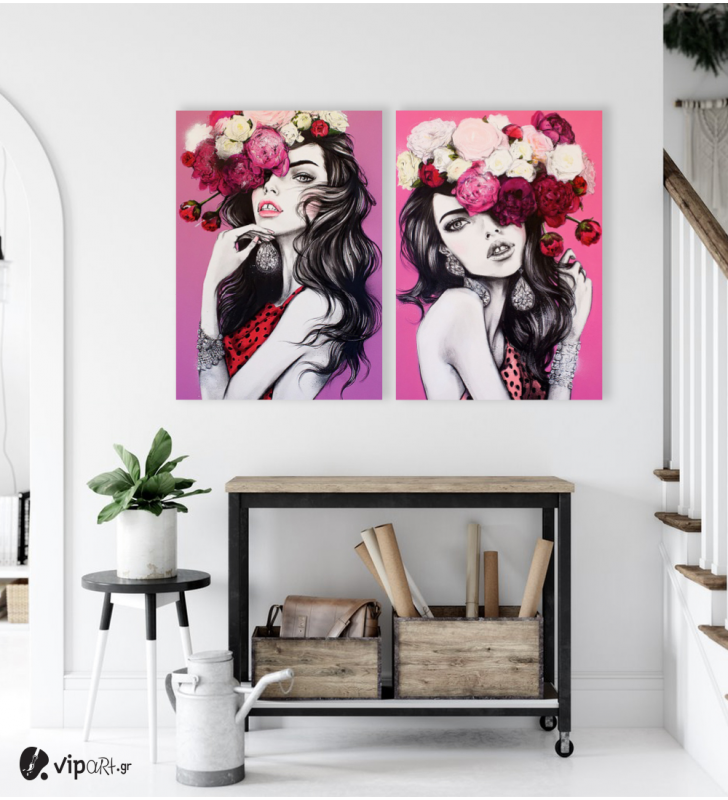 Σύνθεση με πίνακες Καμβάδες : Creative Pink Canvas with woman and flowers - 2 Τεμάχια 70x50