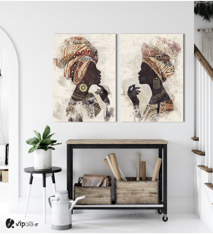 Σύνθεση με πίνακες Καμβάδες : Watercolor African Portrait - 2 Τεμάχια 70x50