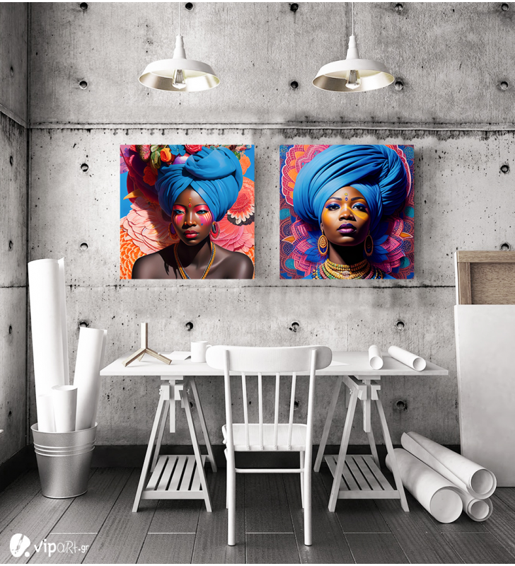 Σύνθεση Με Πίνακες Καμβάδες 60x60 - 2 Τεμάχια - Colorful Floral Portraits African Woman with Turbans