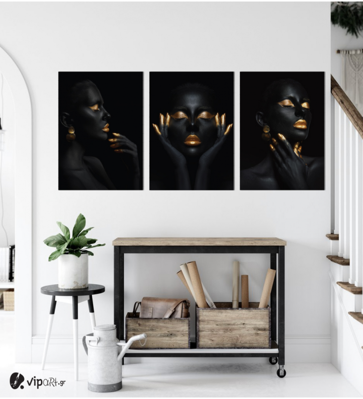 Σύνθεση Με Πίνακες Καμβάδες 70x50 - 3 Τεμάχια - Makeup Black and Gold Portraits