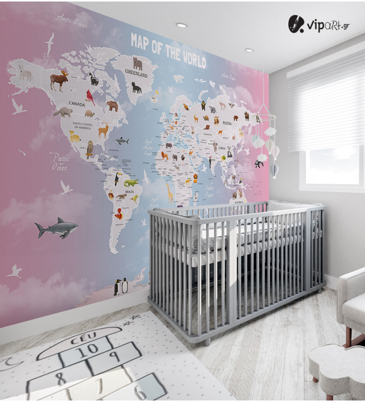Αυτοκόλλητη Ταπετσαρία Τοίχου για Παιδικό Δωμάτιο εκπαιδευτικός Παγκόσμιος χάρτης με ζώα
