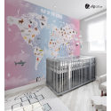 Αυτοκόλλητη Ταπετσαρία Τοίχου για Παιδικό Δωμάτιο εκπαιδευτικός Παγκόσμιος χάρτης με ζώα