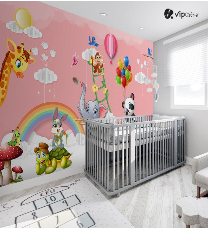 Αυτοκόλλητη Ταπετσαρία Τοίχου για Παιδικό Δωμάτιο για κορίτσι Ροζ ζώα Ουράνιο Τόξο