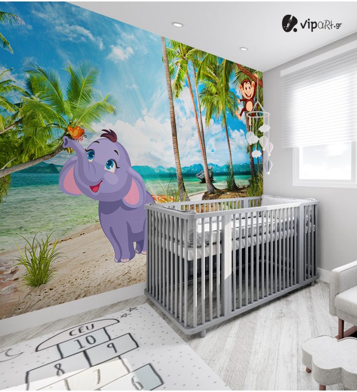Αυτοκόλλητη Ταπετσαρία Τοίχου για Παιδικό Δωμάτιο με Ελεφαντάκι - Μαϊμουδάκι στην Παραλία με φοίνικες