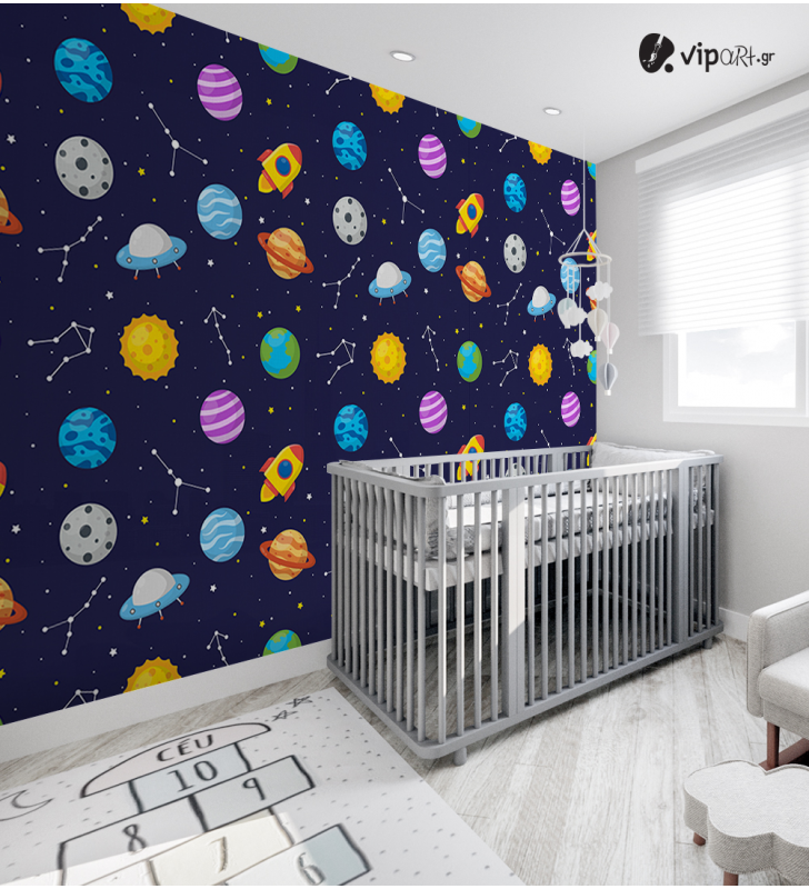 Αυτοκόλλητη Ταπετσαρία Τοίχου για Παιδικό Δωμάτιο με Πλανήτες Διάστημα Αστέρια