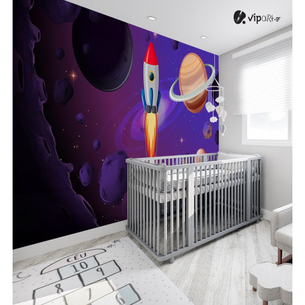 Αυτοκόλλητη Ταπετσαρία Τοίχου για Παιδικό Δωμάτιο με Διάστημα Πλανήτες Διαστημόπλοιο