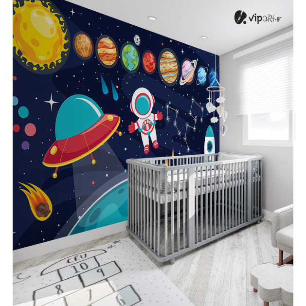 Αυτοκόλλητη Ταπετσαρία Τοίχου για Παιδικό Δωμάτιο με Διάστημα Πλανήτες Διαστημόπλοιο Ήλιος Αστέρια