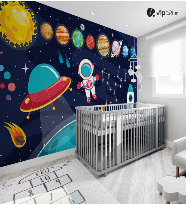 Αυτοκόλλητη Ταπετσαρία Τοίχου για Παιδικό Δωμάτιο με Διάστημα Πλανήτες Διαστημόπλοιο Ήλιος Αστέρια
