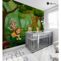 Αυτοκόλλητη Ταπετσαρία Τοίχου για Παιδικό Δωμάτιο με Αγόρια Ερευνητές στο Δάσος με Λιοντάρια