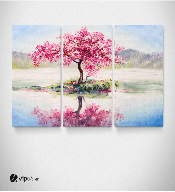 Καμβάς Τρίπτυχος Πίνακας Ζωγραφικής Ρόζ Δέντρο Βουνό Λίμνη