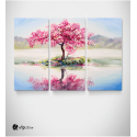 Καμβάς Τρίπτυχος Πίνακας Ζωγραφικής Ρόζ Δέντρο Βουνό Λίμνη