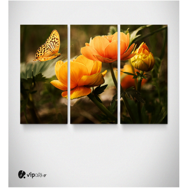 Καμβάς Τρίπτυχος Πίνακας κίτρινα Λουλούδια Με Πεταλούδα