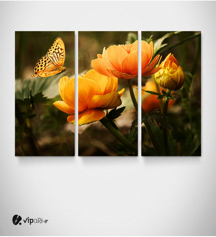 Καμβάς Τρίπτυχος Πίνακας κίτρινα Λουλούδια Με Πεταλούδα