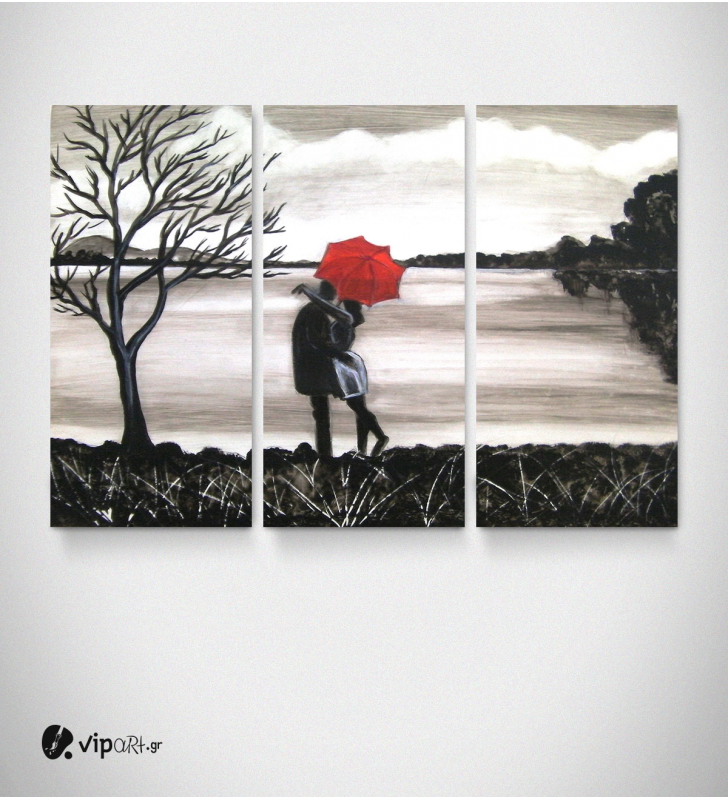 Καμβάς Τρίπτυχος Πίνακας Ζωγραφική Ζευγάρι Δέντρο Κόκκινη Ομπρέλα
