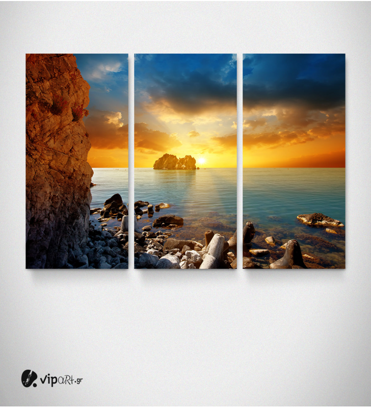 Καμβάς Τρίπτυχος Πίνακας Ηλιοβασίλεμα Βραχονυσίδα Βράχια Θάλασσα