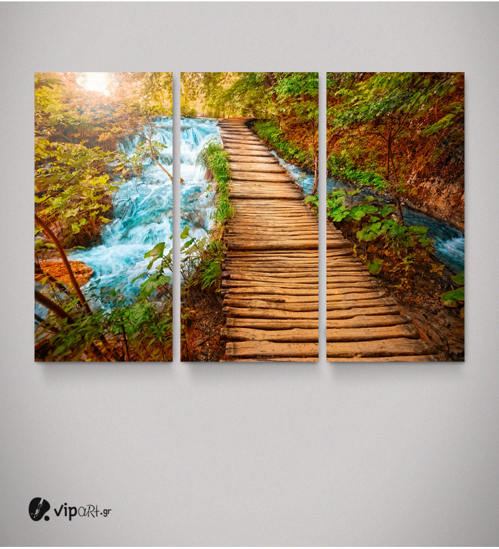 Καμβάς Τρίπτυχος Πίνακας Τοπίο με Ξύλινη Γέφυρα Ποτάμι