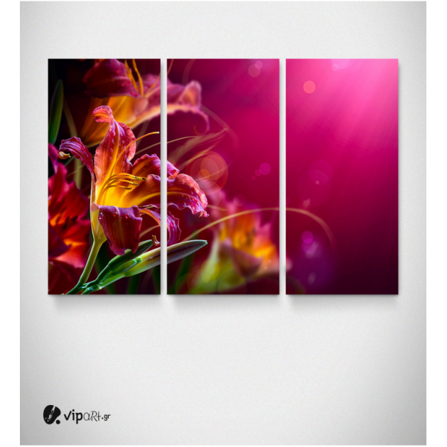 Καμβάς Τρίπτυχος Πίνακας με Λουλούδια Ροζ - Κίτρινα