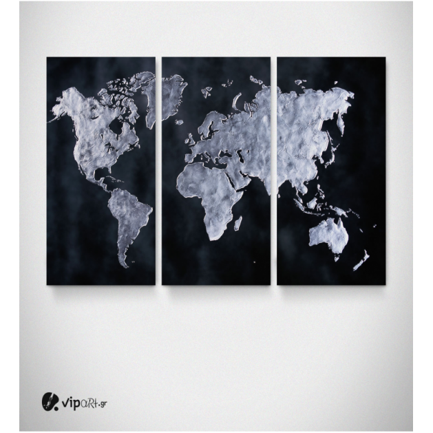Καμβάς Τρίπτυχος Πίνακας Παγκόσμιος Χάρτης σε Αποχρώσεις Μαύρο Νίκελ
