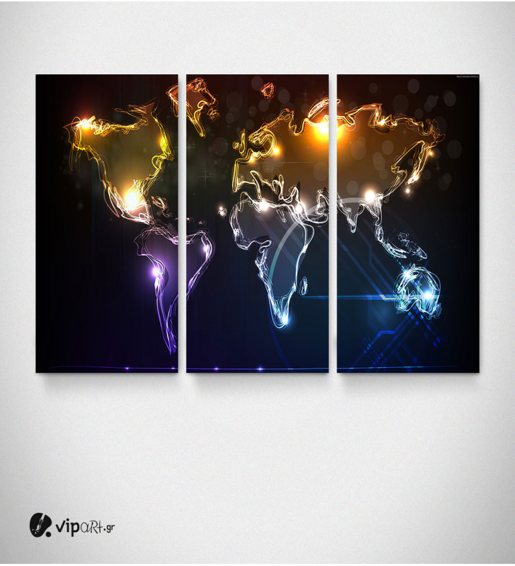 Καμβάς Τρίπτυχος Πίνακας Παγκόσμιος Χάρτης με φωτεινές γραμμές διάφορα χρώματα