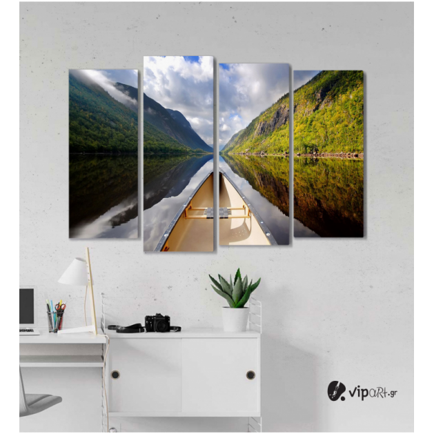 Πίνακας Καμβάς Τετράπτυχος Mountain Boat Mirror -  Καθρέφτης βουνού