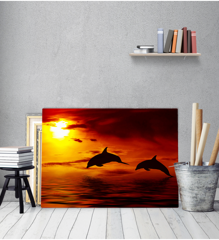 Πίνακας Καμβάς Δελφίνια  Ηλιοβασίλεμα
