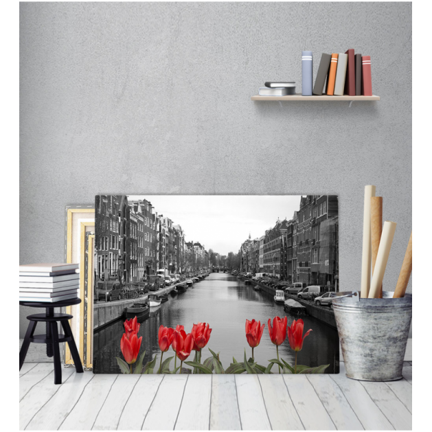 Πίνακας Καμβάς με εκτύπωση Ποτάμι Αμστερνταμ Τουλίπες