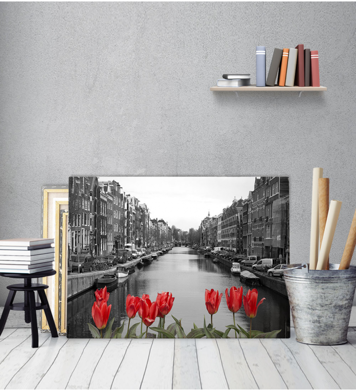 Πίνακας Καμβάς με εκτύπωση Ποτάμι Αμστερνταμ Τουλίπες