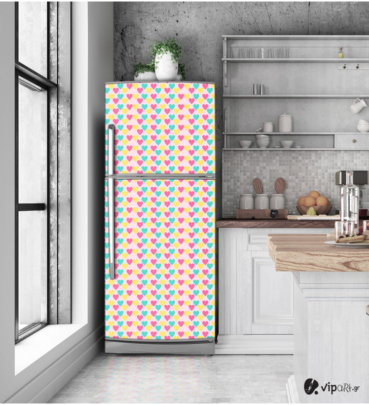 Αυτοκόλλητο Ψυγείου με εκτύπωση " Retro Style Geometric Coloured Hearts"