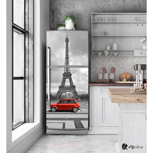 Αυτοκόλλητο Ψυγείου με εκτύπωση Παρίσι κόκκινο αυτοκίνητο "Paris Red Car"