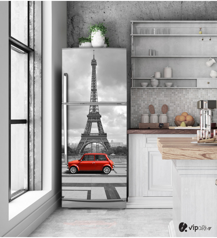 Αυτοκόλλητο Ψυγείου με εκτύπωση Παρίσι κόκκινο αυτοκίνητο "Paris Red Car"