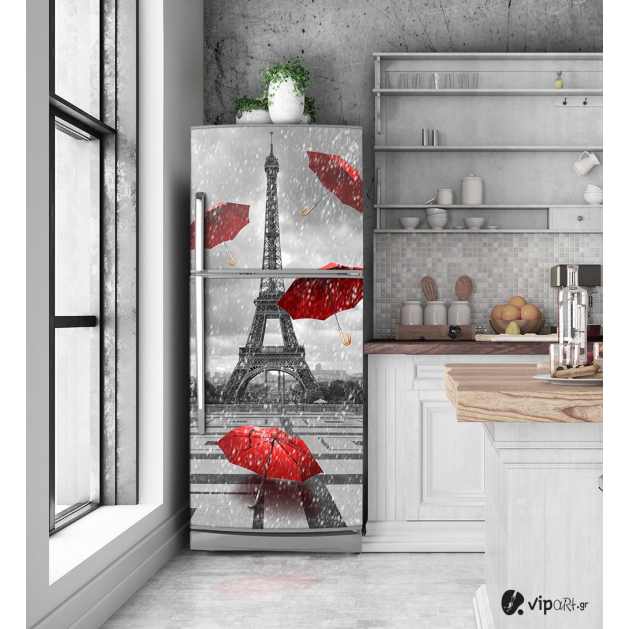 Αυτοκόλλητο Ψυγείου με εκτύπωση "Χιονισμένο Παρίσι Κόκκινες Ομπρέλες"