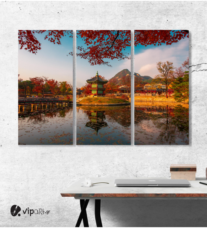 Μοντέρνος Τρίπτυχος Πίνακας Καμβάς με Φθινόπωρο στο παλάτι gyeongbokgung Σεούλ Κορέα