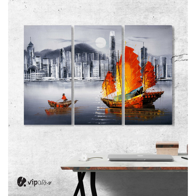 Μοντέρνος Τρίπτυχος Πίνακας Καμβάς με Ελαιογραφία - Victoria Harbour, Χονγκ Κονγκ