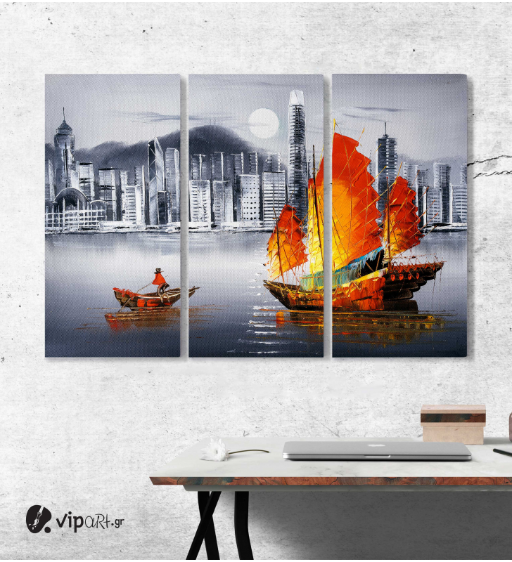 Μοντέρνος Τρίπτυχος Πίνακας Καμβάς με Ελαιογραφία - Victoria Harbour, Χονγκ Κονγκ